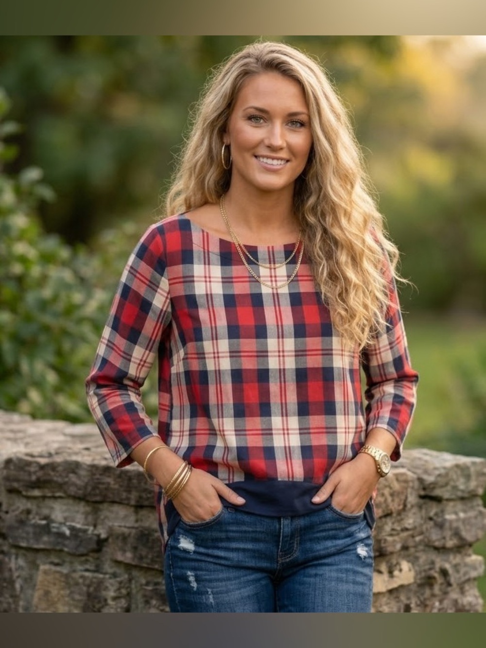Hippocampe Paris Red Plaid Top 3/4 Sleeve France 36 US S Classic French Style